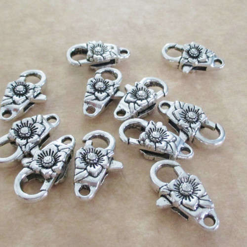 Lobster Claw Clasp, Flower, Antique Silver Plated, 24x10mm, (1-Pc)