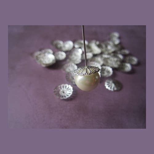 Bead Caps, Round Filigree Silver Plated Bead Caps, 15mm (10Pcs)