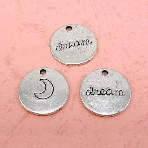 Charms, Silver Tone Double Sided Round Disc Engraved Dream Charms, 22mm (Loose)