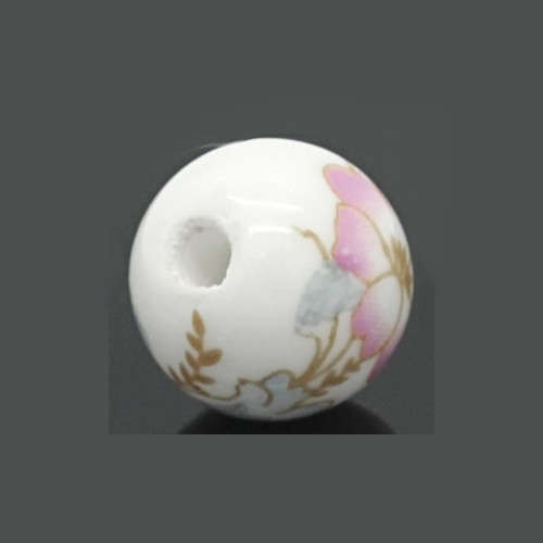 Beads, Glass Beads, Pink And Light Blue Floral Round Ceramic Glass Beads, 12mm (Loose)