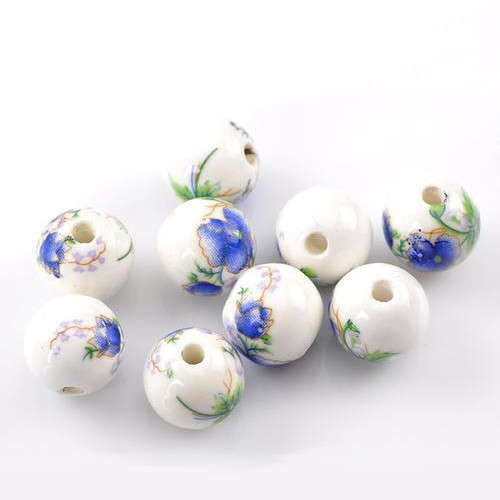 Beads, Glass Beads, Blue And Green Floral Round Ceramic Glass Beads, 12mm (Loose)