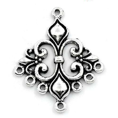 Findings, Connectors, Antiqued Silver Fleur-De-Lis Drop Connector Links With 7 Loops, 3.6cm (Loose)
