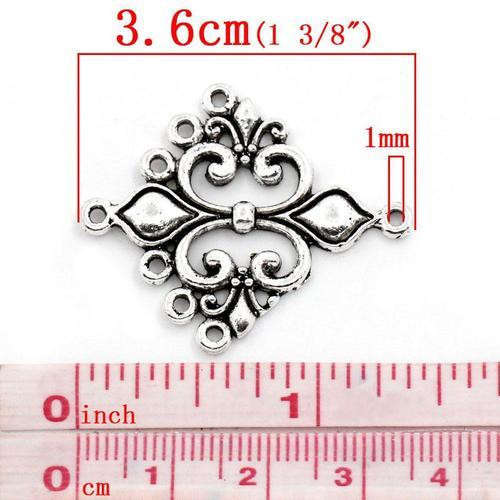 Findings, Connectors, Antiqued Silver Fleur-De-Lis Drop Connector Links With 7 Loops, 3.6cm (Loose)