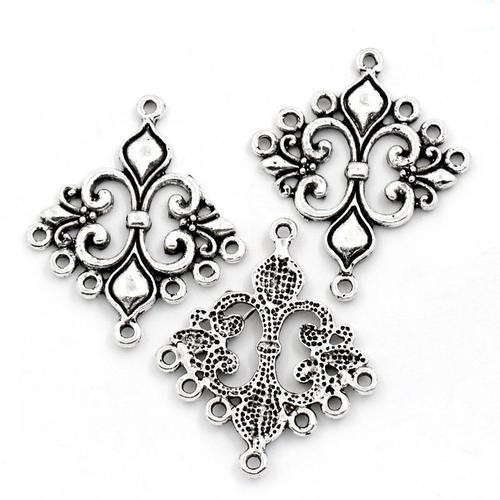 Findings, Connectors, Antiqued Silver Fleur-De-Lis Drop Connector Links With 7 Loops, 3.6cm (Loose)