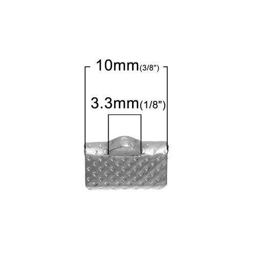 Crimp End Beads, Dull Silver Tone Textured Ribbon Pinch Crimp Cord Ends, 10mm (50Pcs)