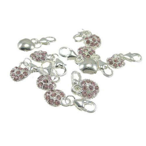 Charms, Bracelet Charms, Silver Plated Pink Rhinestone Heart Clip On Dangle Charms, 28mm (Loose)