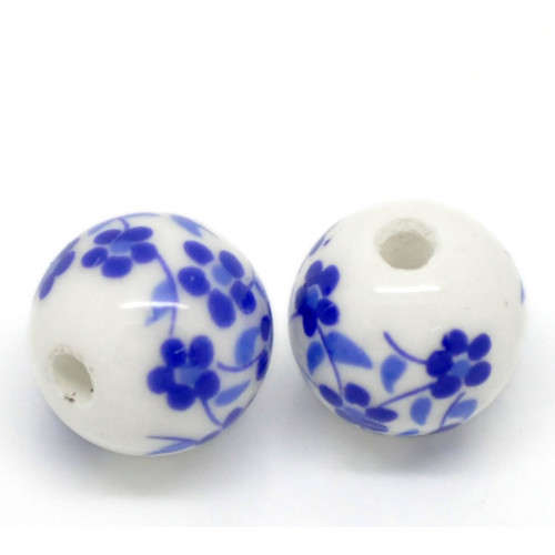 Beads, Glass Beads, White And Blue Floral Round Ceramic Glass Beads, 12mm (Loose)