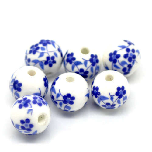 Beads, Glass Beads, White And Blue Floral Round Ceramic Glass Beads, 12mm (Loose)