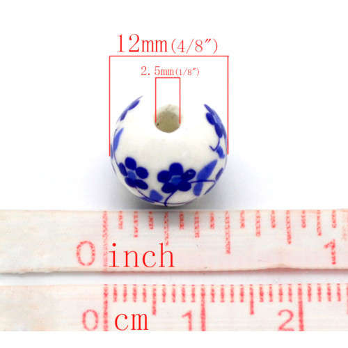 Beads, Glass Beads, White And Blue Floral Round Ceramic Glass Beads, 12mm (Loose)