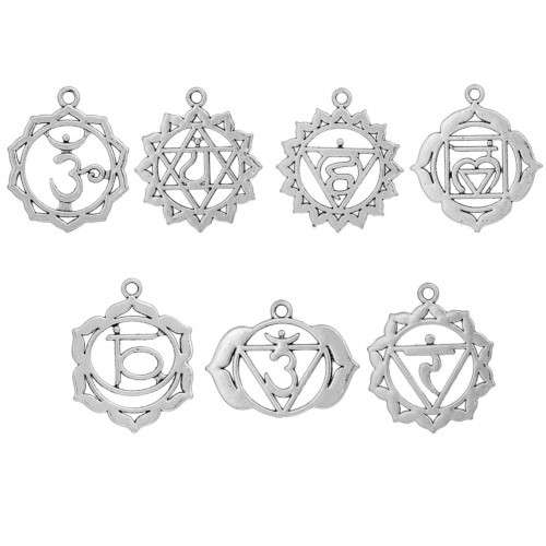 Charms & Pendants, 7 Piece Silver Chakra Yoga Meditation Pendant Set, 3.7cm, (Set)