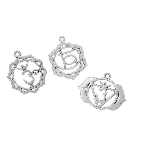 Charms & Pendants, 7 Piece Silver Chakra Yoga Meditation Pendant Set, 3.7cm, (Set)