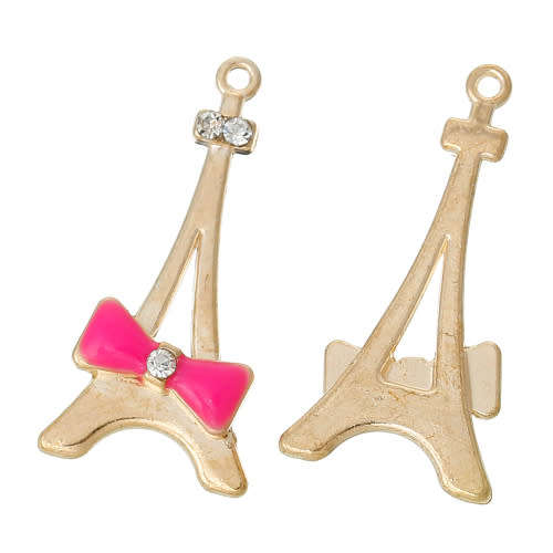 Charms, Fuchsia And Gold Enamel Plated Rhinestone Paris Eiffel Tower Charms, 29mm (Loose)