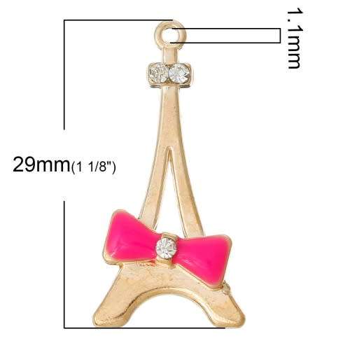 Charms, Fuchsia And Gold Enamel Plated Rhinestone Paris Eiffel Tower Charms, 29mm (Loose)