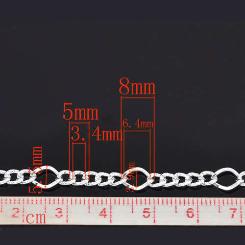 Chain, Silver Plated Chain, Open Link Textured Figaro Link Curb Chain, 8x5mm (1M)