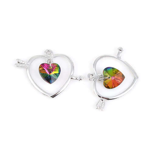 Pendants, Silver Open Heart With AB Rainbow Faceted Heart Drop Pendants, 31mm (Loose)