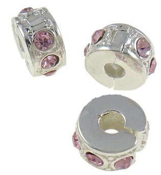 PANDORA STYLE - RONDELLE - CLIP ON - BEAD STOPPER - PINK RHINESTONES