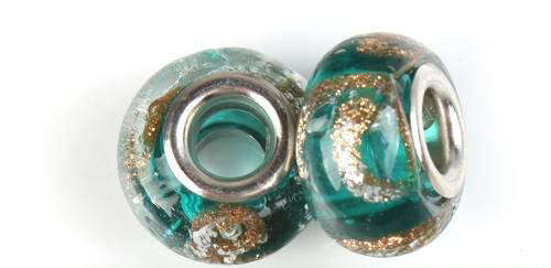 PANDORA STYLE MURANO GLASS BEADS - TURQUOISE AND SILVER FOIL AND GOLD  GLITTER "S" DESIGN