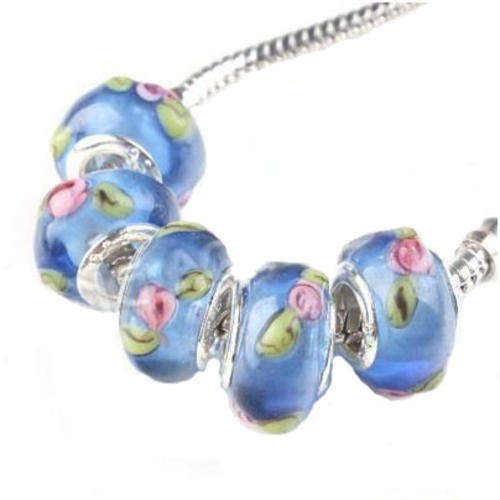 PANDORA STYLE MURANO GLASS BEADS - BLUE WITH PINK INNER FLOWER DESIGN