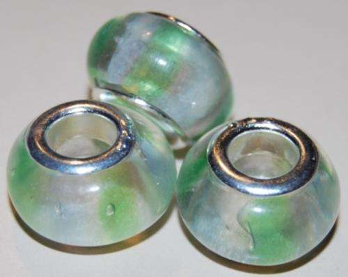 PANDORA STYLE  925 SILVER RONDELLE GLASS BEADS - CLEAR WITH PASTEL GREEN STRIPE