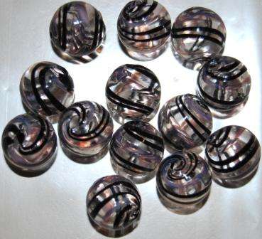 HAND BLOWN GLASS LAMPWORK BEADS - CLEAR WITH STRIPES IN BLACK/PINK