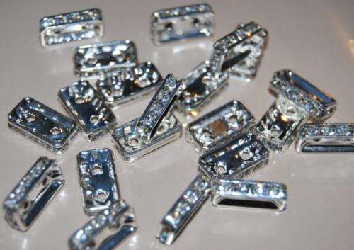 SPACERS - RHINESTONE - SQUARE - TWO HOLE - 15 X 8mm - SILVER PLATED WITH CLEAR RHINESTONES