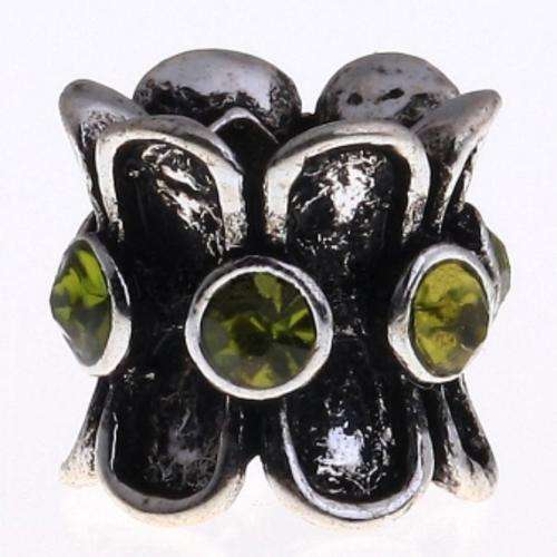 EUROPEAN STYLE - ANTIQUE SILVER - FLOWER SHAPED - BEADS WITH LIME GREEN RHINESTONES