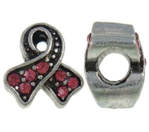 PANDORA STYLE AWARENESS RIBBON SPACER BEADS WITH CERISE PINK RHINESTONES
