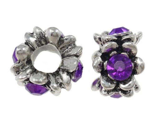 PANDORA STYLE ANTIQUE SILVER FLORAL SPACER BEADS WITH PURPLE RHINESTONES