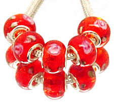 PANDORA STYLE LAMPWORK BEADS CLEAR RED WITH FLORAL ROSE DESIGN