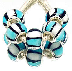 925 SILVER CORE - LAMPWORK GLASS BEADS - BLUE, BLACK AND WHITE STRIPE DESIGN