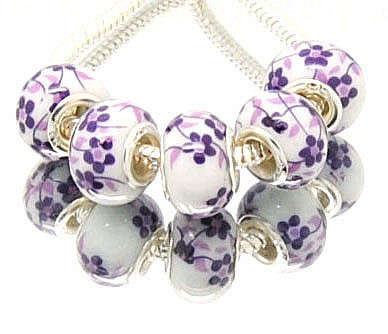 BEADS/GLASS BEADS/CERAMIC GLASS BEADS/VINTAGE GLASS BEADS/LILAC FLORAL GLASS BEADS
