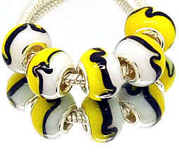 925 SILVER CORE - MURANO GLASS - LAMPWORK BEADS - YELLOW, BLACK AND WHITE STRIPE DESIGN