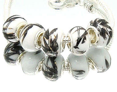 PANDORA STYLE - 925 SILVER CORE - CERAMIC GLASS BEADS - WHITE WITH BLACK LEAF DESIGN