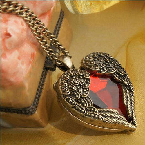 VINTAGE RED ANGEL WINGS HEART NECKLACE ON BRONZE CHAIN
