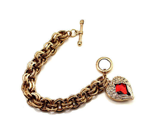 VINTAGE ANGEL WINGS HEART DOUBLE LINK BRACELET IN BRONZE AND RED CRYSTALS