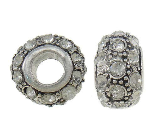 PANDORA STYLE RHINESTONE STERLING SILVER RONDELLE BEADS - CLEAR