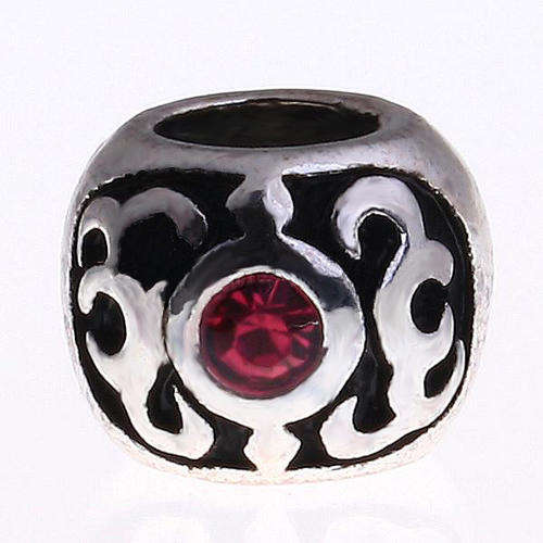 EUROPEAN STYLE - DRUM BEADS WITH VINTAGE FLORAL DESIGN AND RUBY RED RHINESTONES