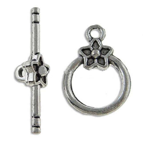 TOGGLE CLASPS - DONUT FLOWER DESIGN - ANTIQUE SILVER - SINGLE STRAND