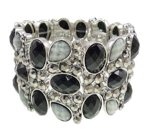 LADIES RHINESTONE 3 TIER STRETCH BRACELET - BLACK & GREY