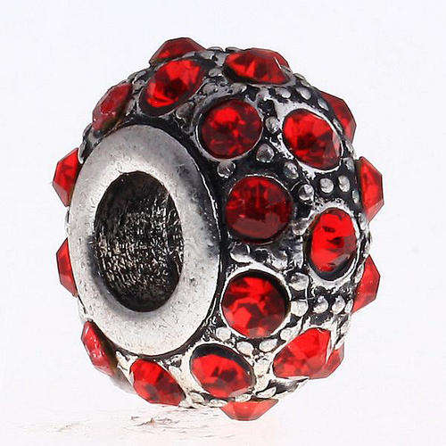 PANDORA STYLE RONDELLE BEADS - ANTIQUE SILVER WITH RED RHINESTONES