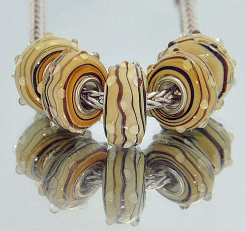 PANDORA STYLE 925 SILVER MURANO GLASS LAMPWORK BEADS - BEIGE WITH BROWN STRIPES
