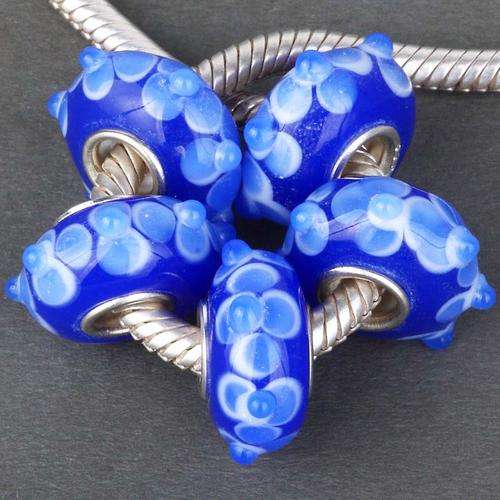 PANDORA STYLE 925 SILVER RONDELLE GLASS LAMPWORK BEADS - ROYAL BLUE WITH ELEGANT FLORAL DESIGN