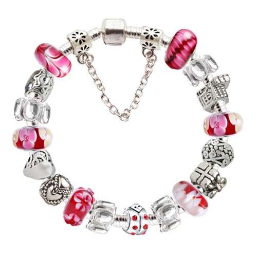 PANDORA STYLE EUROPEAN BEAD CHARM BRACELET - CZ MURANO GLASS - RED