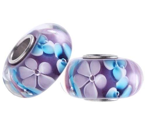 PANDORA STYLE HANDMADE MURANO GLASS BEADS - LILAC & BLUE FLORAL DESIGN
