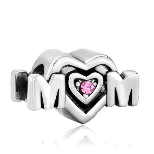PUGSTER PINK SWAROVSKI CRYSTAL MOM HEART LOVE CHARM BEAD