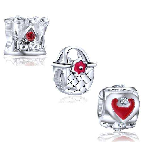 PANDORA STYLE ELITE 3PC SET -SILVER EUROPEAN CZ CHARM SPACER BEADS - RED