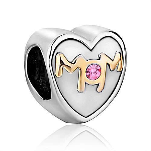 PUGSTER - TWO TONE - PINK TOURMALINE - CRYSTAL - GOLDEN LOVE MOM HEART EUROPEAN CHARM BEAD