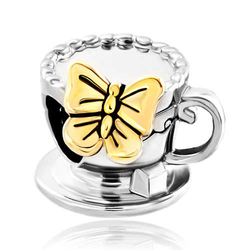 AUTHENTIC PUGSTER TWO TONE COFFEE CUP WITH BUTTERFLY EUROPEAN CHARM BEAD