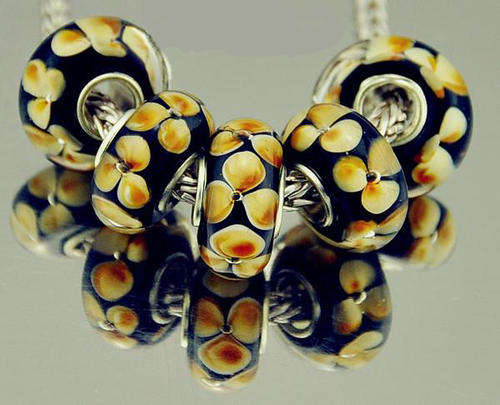 PANDORA STYLE 925 SILVER MURANO GLASS BEADS - BLACK WITH YELLOW FLORAL DESIGN