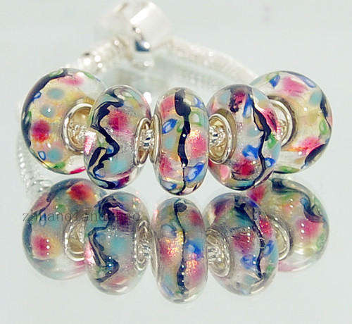 PANDORA STYLE 925 SILVER MURANO GLASS LAMPWORK BEADS - HOT PINK, BLUE, GREEN AND WHITE SWIRL